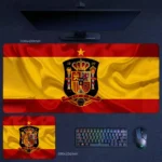 Spain flag football desk mat with flowing red and yellow design and central crest for classic supporter setups