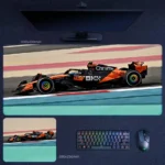 Lando Norris 2025 McLaren desk mat with papaya F1 racing speed and side-profile track artwork
