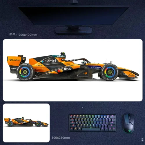Lando Norris 2025 side profile desk mat with clean McLaren F1 car silhouette, papaya black livery detail, and studio-style white background