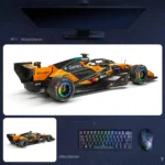 Lando Norris 2025 aero detail desk mat with McLaren F1 rear three-quarter view, papaya black bodywork, and clean studio-style display