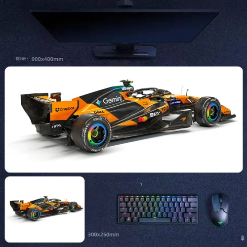 Lando Norris 2025 aero detail desk mat with McLaren F1 rear three-quarter view, papaya black bodywork, and clean studio-style display