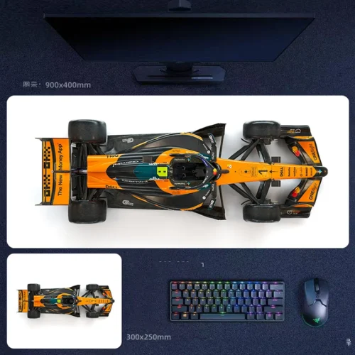 Lando Norris 2025 top view desk mat with McLaren F1 overhead artwork, full chassis symmetry, and clean white-background racing design