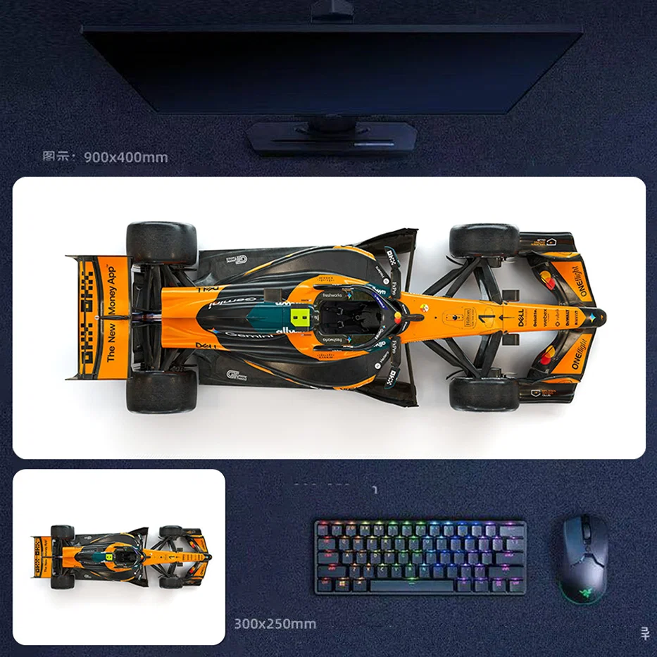Lando Norris 2025 top view desk mat with McLaren F1 overhead artwork, full chassis symmetry, and clean white-background racing design