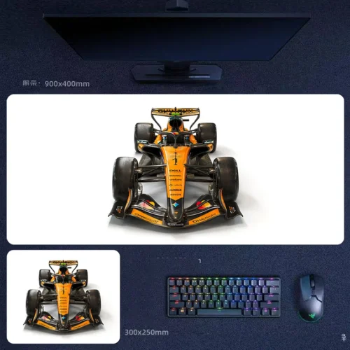 Lando Norris 2025 head on desk mat with McLaren F1 front view, centered nose design, and clean white-background symmetry
