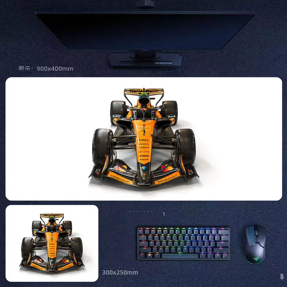 Lando Norris 2025 head on desk mat with McLaren F1 front view, centered nose design, and clean white-background symmetry