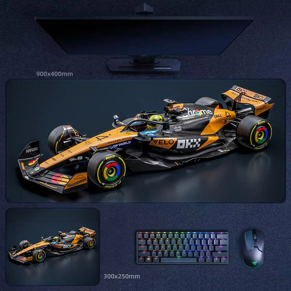 Lando Norris 2025 race machine desk mat with detailed McLaren F1 car artwork, papaya black bodywork, and cockpit-focused racing design
