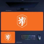 Netherlands national team desk mat with bright orange shield and lion crest design for energetic football fan desks