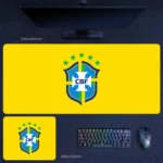 Brazil national team football desk mat with yellow background and iconic crest for giftable and high-recognition fan setups
