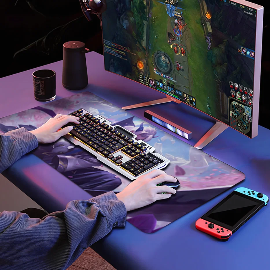 AiryPad ergonomic desk mat in a gaming setup, showing soft-touch surface and cushioned support to reduce wrist pressure for long sessions