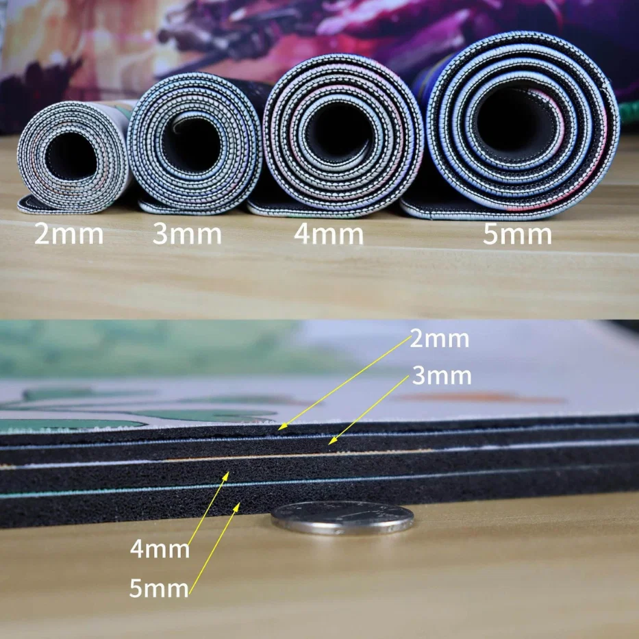 AiryPad mouse pad thickness guide showing 2mm, 3mm, 4mm, and 5mm thickness comparison with rolled mats and side view