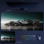 Mercedes No. 63 extended setup desk mat for wider racing workspaces with cleaner keyboard and mouse framing across the desk