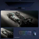 Mercedes racing desk mat with cinematic depth for buyers who want stronger drama, motion, and visual impact in a motorsport setup