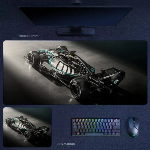 George Russell Mercedes Cinematic Racing Desk Mat Mercedes racing desk mat with cinematic depth for buyers who want stronger drama, motion, and visual impact in a motorsport setup