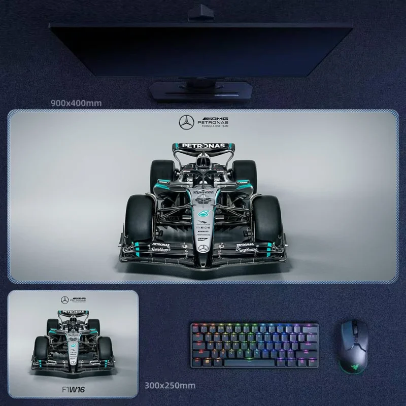 Mercedes No. 63 race design desk mat with a commanding front-led composition for a sharper Formula 1 desk atmosphere