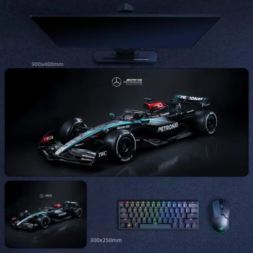 George Russell Mercedes Dark Racing Style Desk Mat Mercedes Formula 1 desk mat in a dark racing style for black-themed gaming desks and collector-minded setups