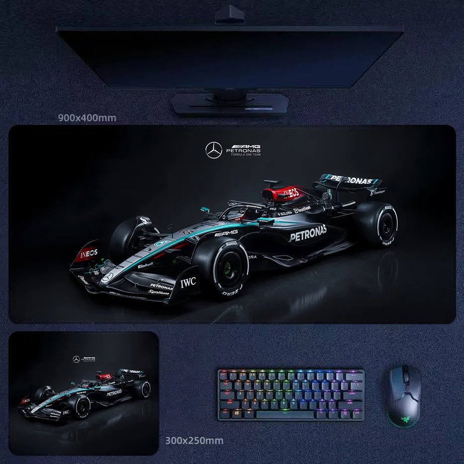 George Russell Mercedes Dark Racing Style Desk Mat Mercedes Formula 1 desk mat in a dark racing style for black-themed gaming desks and collector-minded setups
