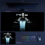 Hamilton driver focus desk mat with a centered Mercedes cockpit-style racing composition
