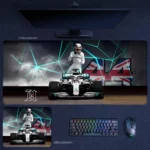 Hamilton No. 44 desk mat with a front-facing Mercedes race car and a more commanding motorsport stage design