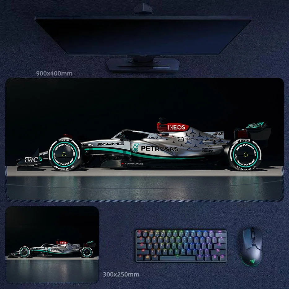 Mercedes No. 44 Side Profile Desk Mat for Clean Racing Style Mercedes No. 44 side profile desk mat with a long clean race car silhouette inspired by Hamilton