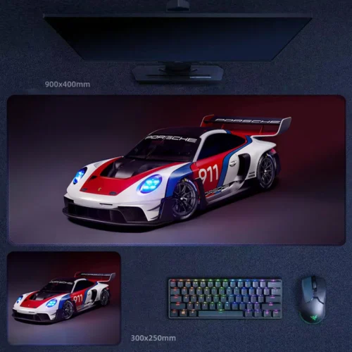 Porsche 911 GT3 Desk Mat with Collector Race Appeal Porsche 911 GT3 desk mat with retro racing livery and bright blue headlight accents
