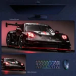 Porsche 911 GT3 desk mat with black body styling and red performance accents