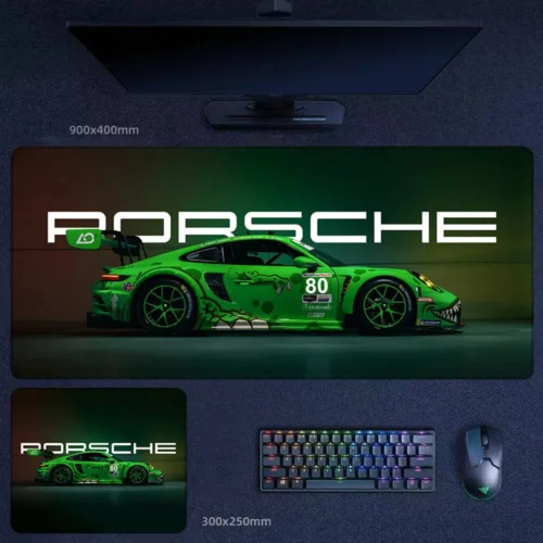 Porsche 911 GT3 Desk Mat with Monster Race Graphics Porsche 911 GT3 desk mat with green monster-style race graphics and bold Porsche backdrop
