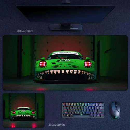 Porsche 911 GT3 Desk Mat with Neon Track Presence Porsche 911 GT3 desk mat with neon green race styling and dramatic headlight glow