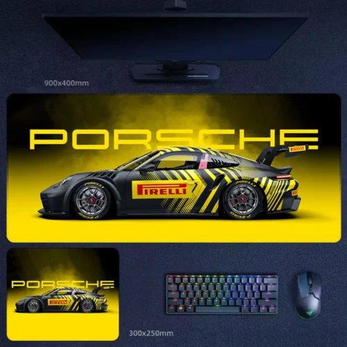 Porsche 911 GT3 Desk Mat with Bold Racing Contrast Porsche 911 GT3 desk mat with black yellow racing graphics and large Porsche text background
