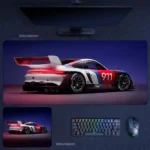 Porsche 911 GT3 desk mat with retro red blue white racing colors and 911 number styling