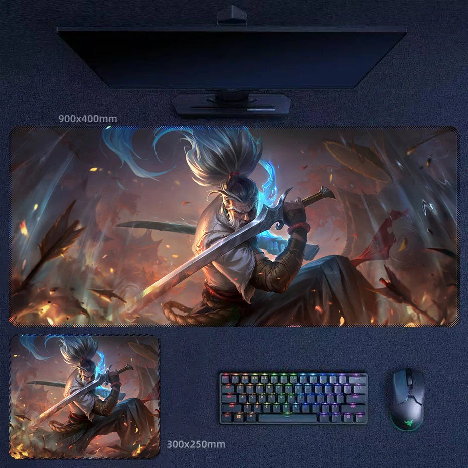 Foreseen Yasuo desk mat with prophetic swordsman artwork and intense battle mood for League of Legends fans