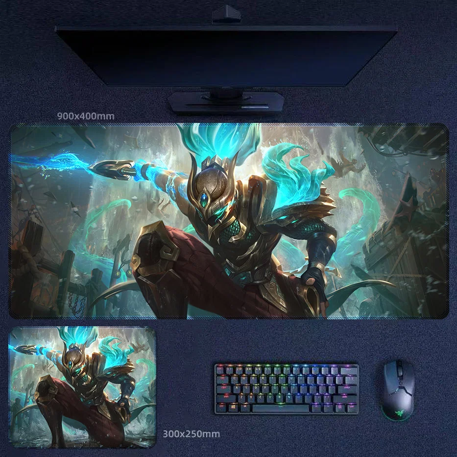 Sea Blade Yasuo desk mat with aqua energy, fast attack pose, and fluid fantasy action artwork