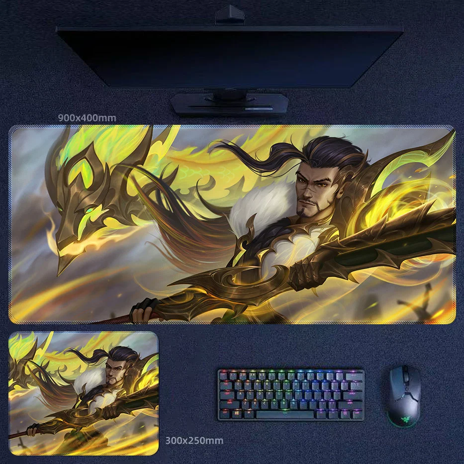 Dream Dragon Yasuo desk mat with golden dragon power, heroic pose, and premium fantasy character art