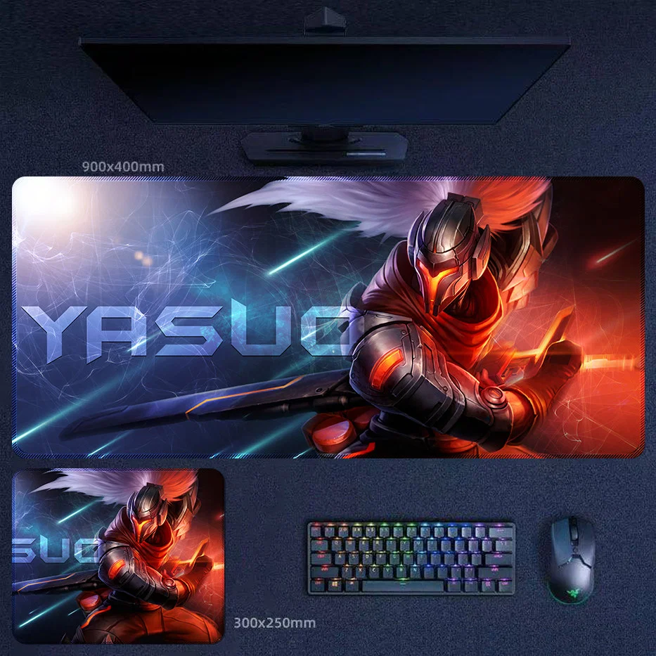 PROJECT Yasuo desk mat with cyber armor, neon contrast, and futuristic combat artwork for LoL players