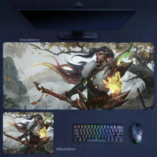 Dream Dragon Yasuo scenic desk mat with eastern fantasy landscape and calm warrior character styling
