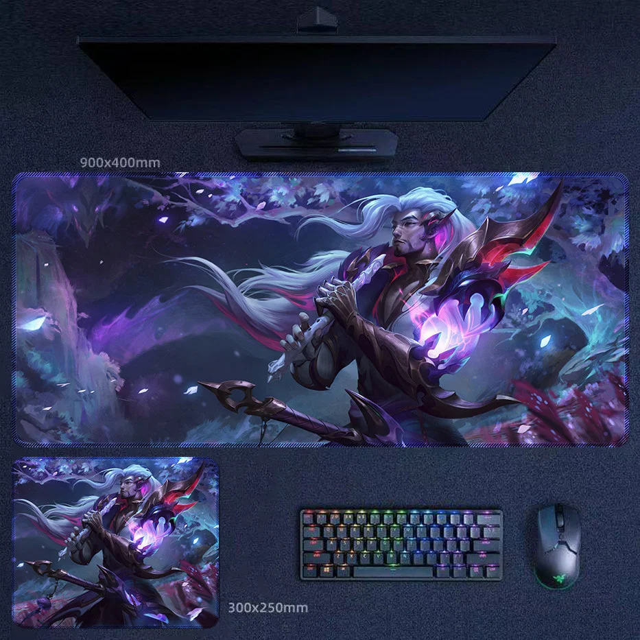 Night Moon Dragon Yasuo desk mat with purple moonlit fantasy tones and elegant long-hair artwork