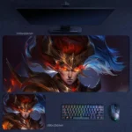 Genesis Nightbringer Yasuo desk mat with blazing eyes, dark armor, and fierce red-blue fantasy contrast