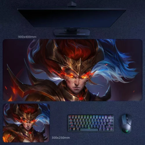 Genesis Nightbringer Yasuo desk mat with blazing eyes, dark armor, and fierce red-blue fantasy contrast