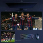 Barcelona MSN Trio Desk Mat featuring Messi, Suarez, and Neymar in a classic Barcelona MSN Trio celebration scene for a football fan desk setup