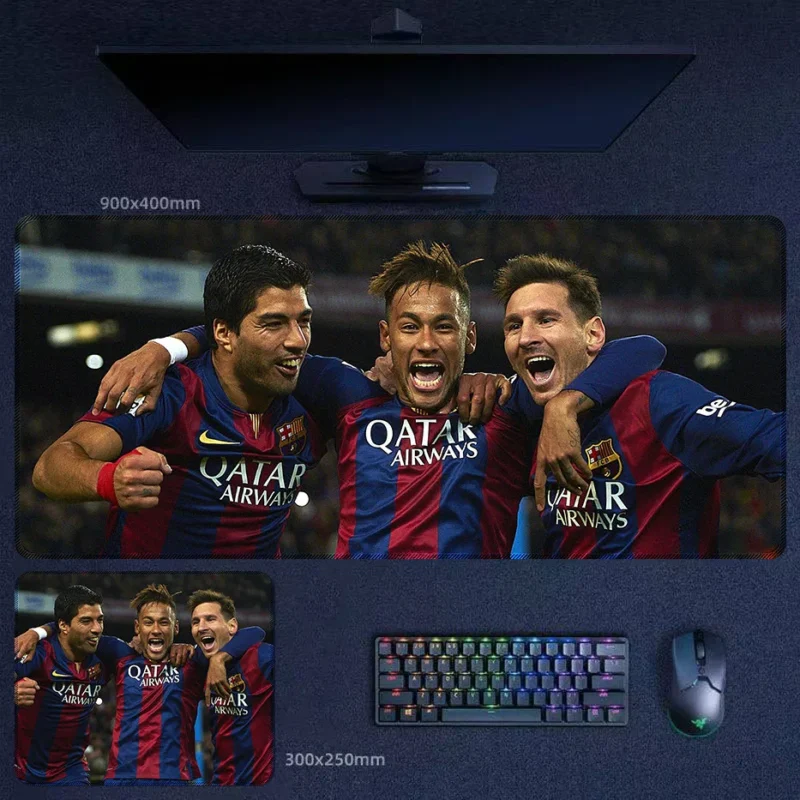 Barcelona MSN Trio desk mat with Messi, Suarez, and Neymar in a close Barcelona MSN Trio celebration shot showing stronger facial emotion and team chemistry