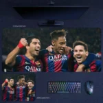 Barcelona MSN Trio desk mat featuring Messi, Suarez, and Neymar in a tight Barcelona MSN Trio front-facing composition with a more focused classic match mood