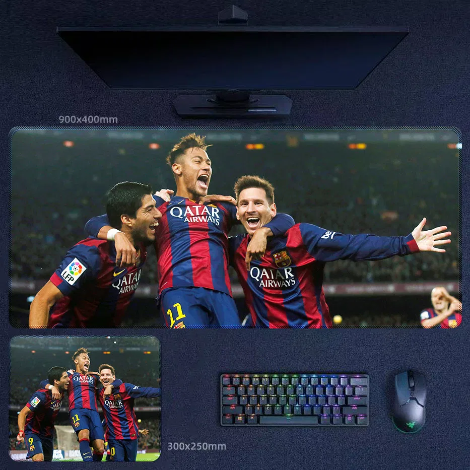 Barcelona MSN Trio desk mat with Messi, Suarez, and Neymar in an open-arm Barcelona MSN Trio celebration scene full of stadium energy and match-night excitement