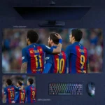 Barcelona MSN Trio desk mat showing Messi, Suarez, and Neymar from behind in a Barcelona MSN Trio back-number design that emphasizes shirt names and iconic squad identity