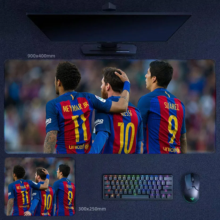 Barcelona MSN Trio desk mat showing Messi, Suarez, and Neymar from behind in a Barcelona MSN Trio back-number design that emphasizes shirt names and iconic squad identity