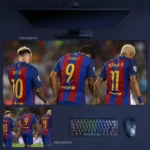 Barcelona MSN Trio desk mat featuring Messi, Suarez, and Neymar in a Barcelona MSN Trio rear kit view with a cleaner football aesthetic and classic striped Barcelona look