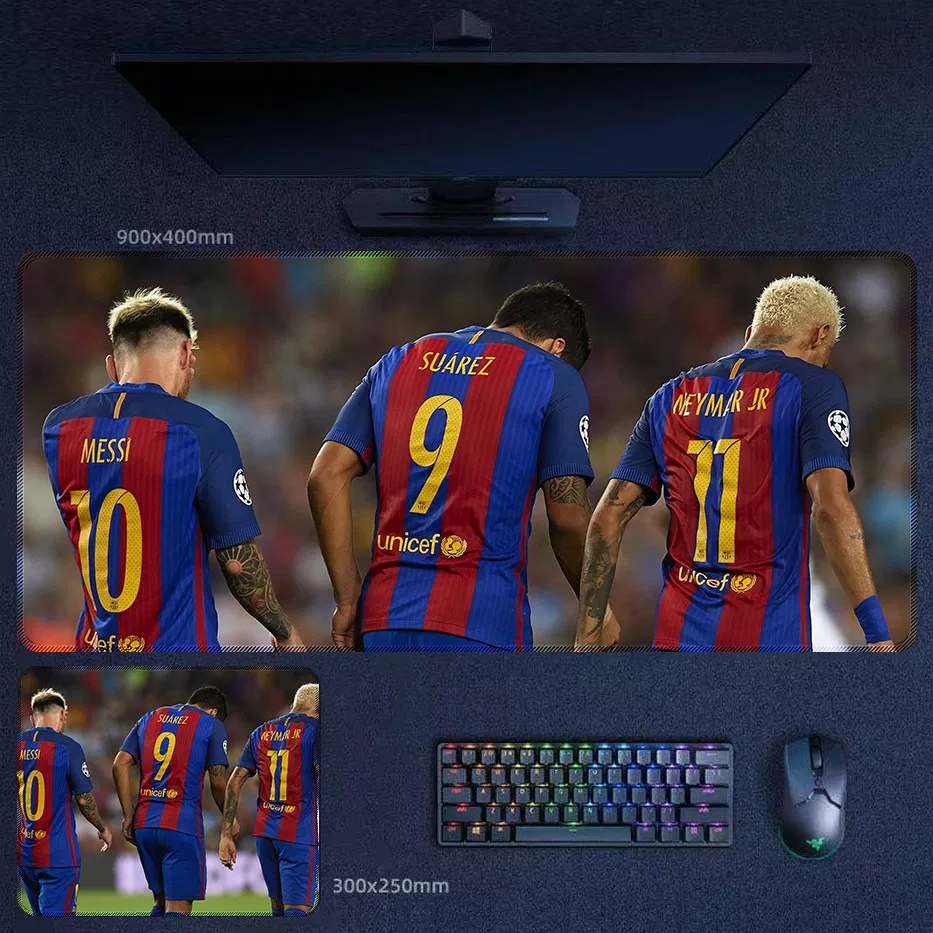 Barcelona MSN Trio desk mat featuring Messi, Suarez, and Neymar in a Barcelona MSN Trio rear kit view with a cleaner football aesthetic and classic striped Barcelona look