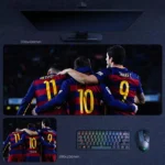 Barcelona MSN Trio desk mat with Messi, Suarez, and Neymar in a darker Barcelona MSN Trio shoulder-to-shoulder scene that gives the design a more united and cinematic mood