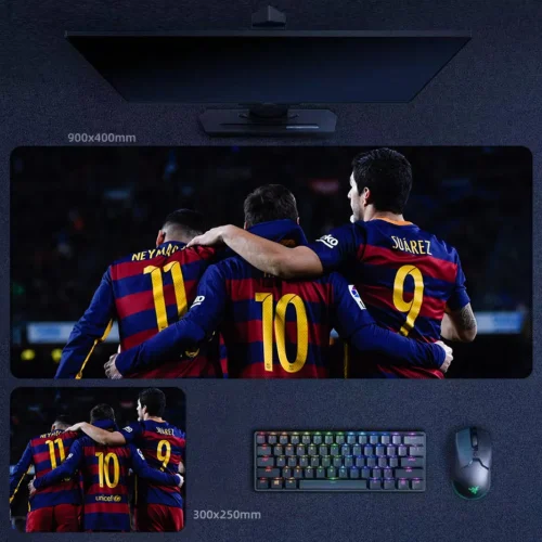 Barcelona MSN Trio desk mat with Messi, Suarez, and Neymar in a darker Barcelona MSN Trio shoulder-to-shoulder scene that gives the design a more united and cinematic mood