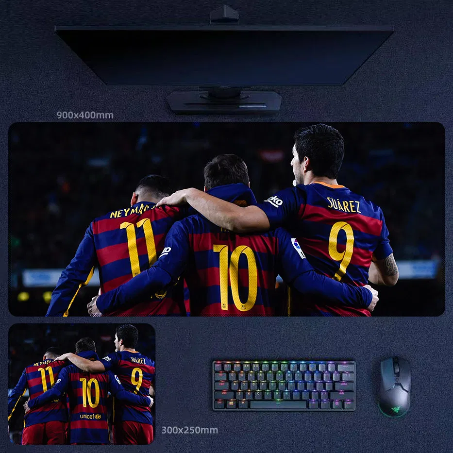 Barcelona MSN Trio desk mat with Messi, Suarez, and Neymar in a darker Barcelona MSN Trio shoulder-to-shoulder scene that gives the design a more united and cinematic mood