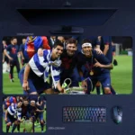 Barcelona MSN Trio desk mat featuring Messi, Suarez, and Neymar in a Barcelona MSN Trio trophy celebration image that reflects a winning era and legendary club memory