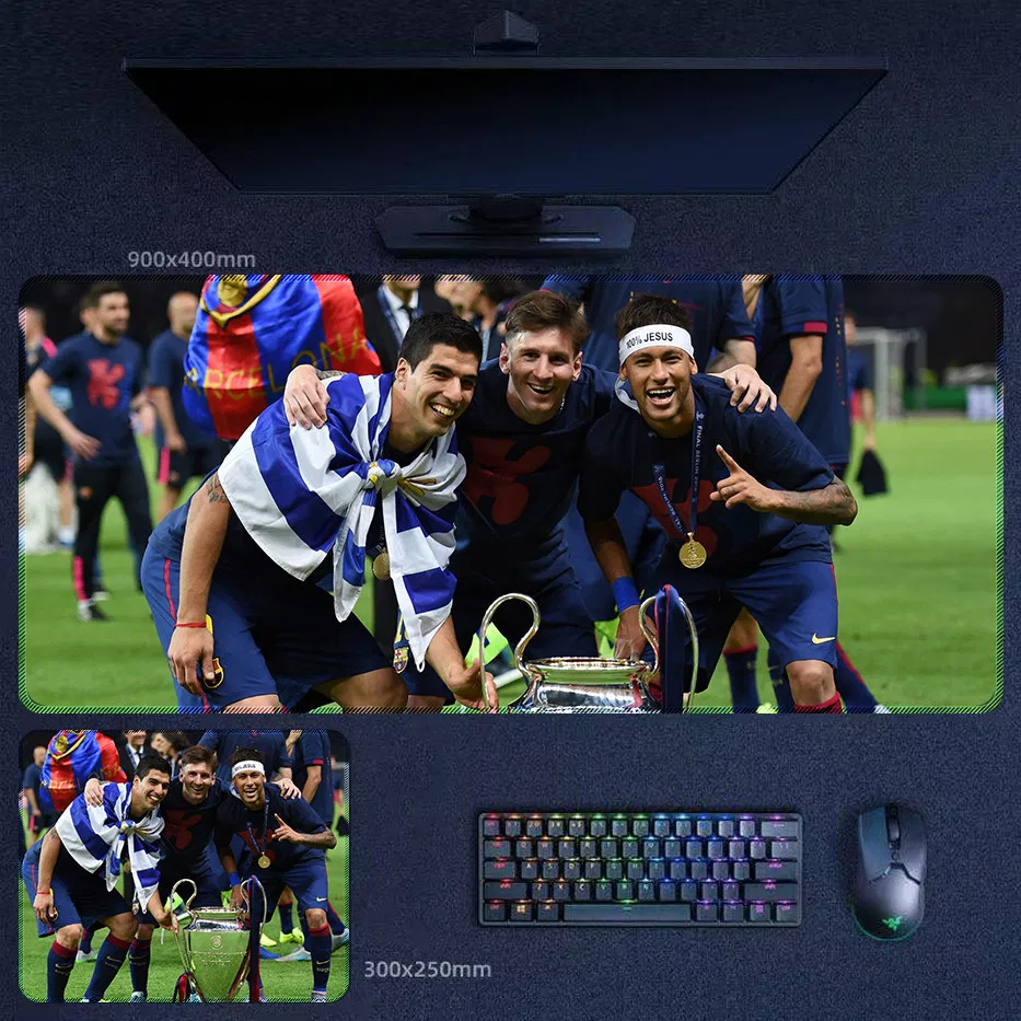 Barcelona MSN Trio desk mat featuring Messi, Suarez, and Neymar in a Barcelona MSN Trio trophy celebration image that reflects a winning era and legendary club memory